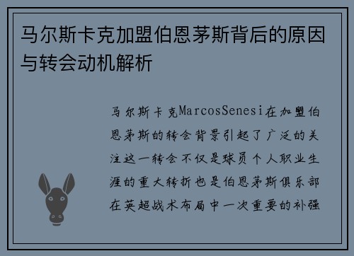 马尔斯卡克加盟伯恩茅斯背后的原因与转会动机解析